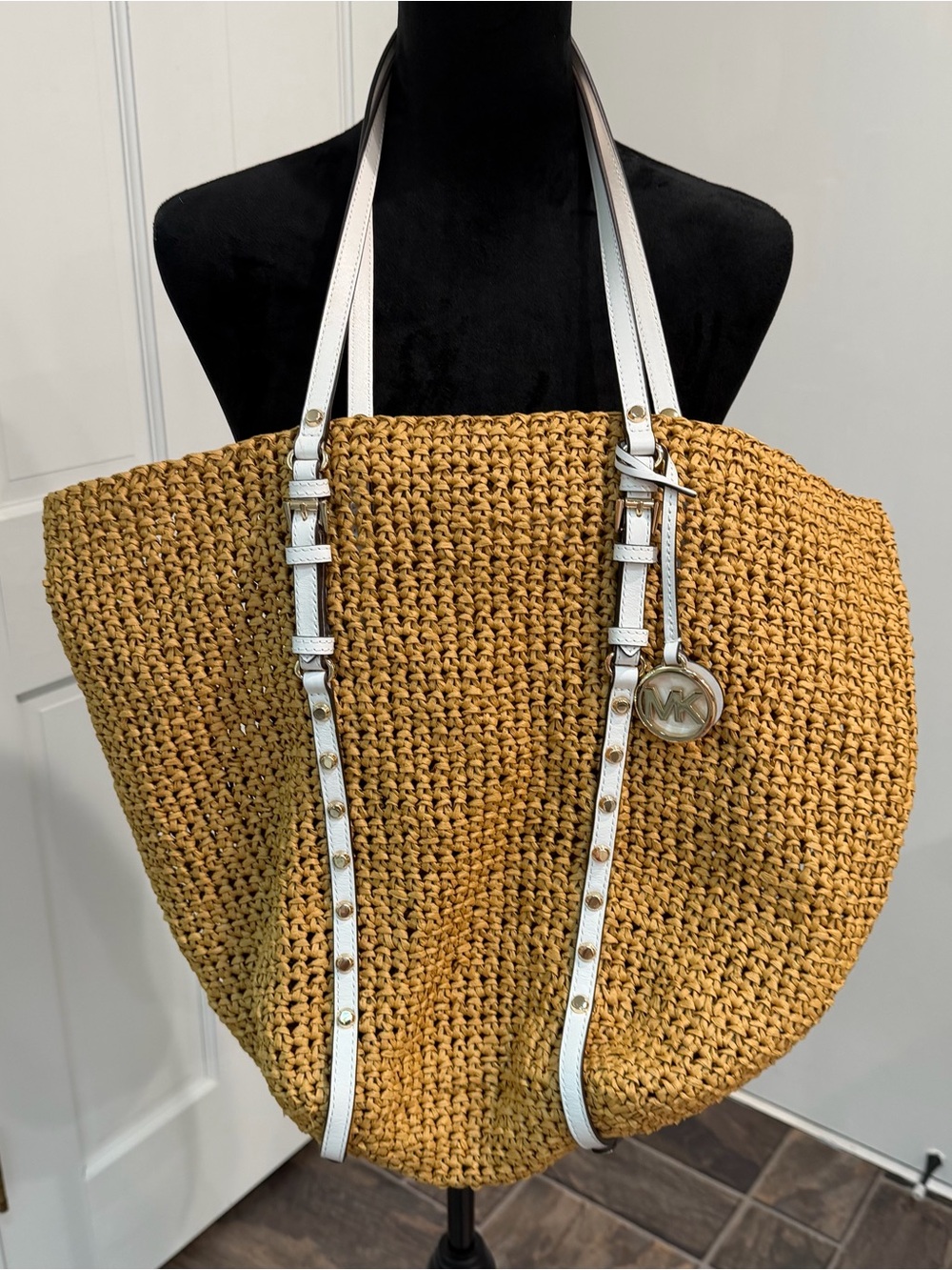 Michael Kors Straw Tote Bag with White Leather Straps - Tan 18x18